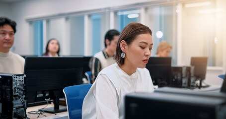 Aufkleber - Japanese people, business and computer with office, connection or communication in website support. Woman, coworking and tech for troubleshooting, online database or email as cybersecurity consultant