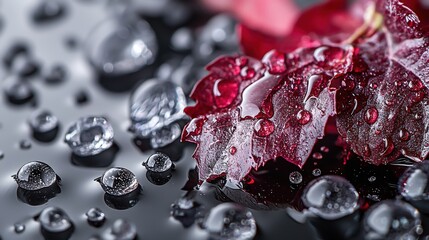 Leinwandbilder - Closeup of shimmering sweat droplets on red leaves nature scene macro photography vibrant colors artistic perspective