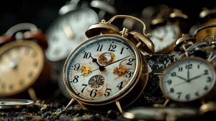 Poster - Surreal clocks overlapping in an artistic display studio still life photography dimly lit conceptual time perception