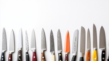 Aufkleber - An assortment of kitchen knives displayed on a white background highlights different designs and functions. Ideal for cooking enthusiasts. Generative AI