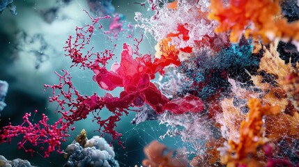 Fototapete - Vibrant underwater abstract microscopic points converging in a striking visual symphony close-up perspective