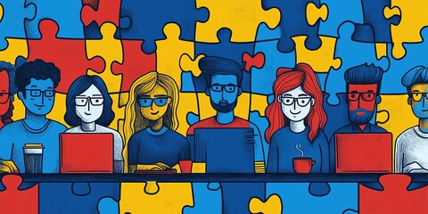 Poster - Group of diverse individuals working collaboratively with laptops in a colorful environment filled with puzzle pieces