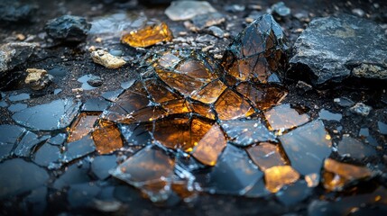Aufkleber - Broken glass mosaic art urban environment nature photography detailed viewpoint reflective concept for impact