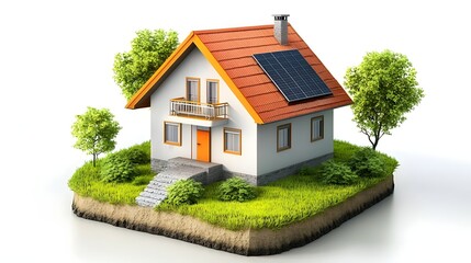 Poster - 3D model of a small house with solar panels on a grassy island.