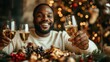 ©  lukaPixMedia - A smiling man holding a glass of champagne in a festive setting with warm, glowing decorations, symbolizing joy and togetherness during the holiday season.