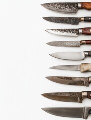 Poster - A collection of kitchen knives arranged neatly on a white surface showcases different blade styles and handles ideal for food preparation. Generative AI