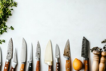 Aufkleber - Sharp kitchen knives are neatly arranged alongside fresh herbs and a lemon on a clean white backdrop, ready for meal preparation. Generative AI