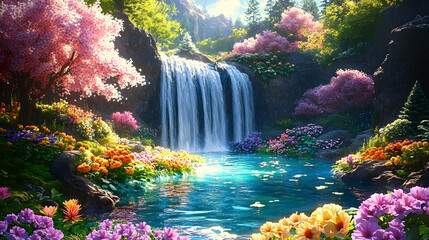 Wall Mural - A beautiful paradise land full of flowers, rivers and waterfalls, a blooming and magical idyllic Eden garden.