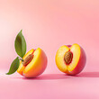 © Prasanth - Fresh ripe organic peach with pit and leaves cut in half against bright peach pink background. Minimal fruit concept. Healthy juicy food trendy composition.