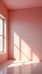 Aufkleber - Empty pale pink room with window. Sunlight casts shadows on walls and floor. Minimalist and clean interior design. Suitable for showcasing products or highlighting interior design styles.