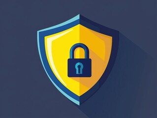 Aufkleber - Flat icon shows yellow shield with dark blue lock. Cybersecurity concept. Secure data protection illustrated. Tech illustration suitable for web design. Protection against cyber threats. Safe online