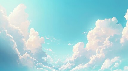 Poster - Beautiful anime style sky filled with soft pastel clouds. Light pastel colors create peaceful, dreamy atmosphere. Sky bright, airy with cumulus clouds. Perfect for backgrounds of nature scenes, anime