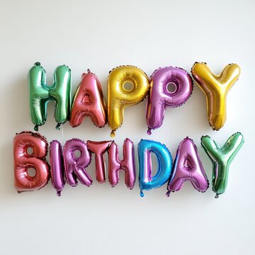 A photo of large white balloon letters spelling Happy birthday