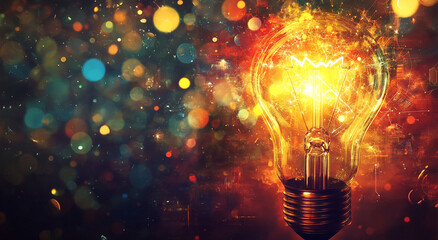 Aufkleber - Bright light bulb surrounded by colorful bokeh effects creates a warm and inviting atmosphere at night