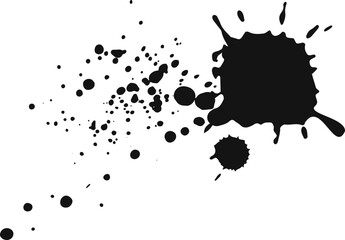 Poster - Black ink splatters and drips across a clean white background, creating an artistic mess with varying sized droplets and a large, irregular shaped blot