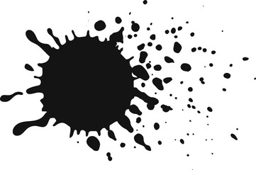 Poster - black ink splashes and spreads on a white background, creating a dynamic abstract shape with tiny dr