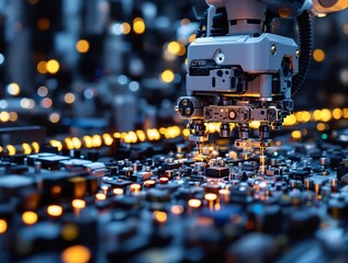 Poster - Detailed view of a robotic arm assembling electronics