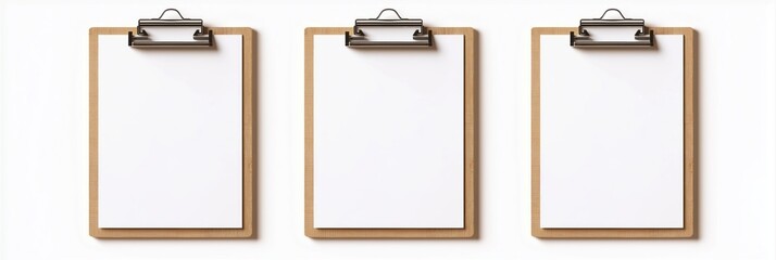 Poster - Three plain wooden clipboards with blank paper sheets. Blank clipboards on white background. Versatile mockup for design templates, graphic art. Suitable for presentation ideas, creative projects.