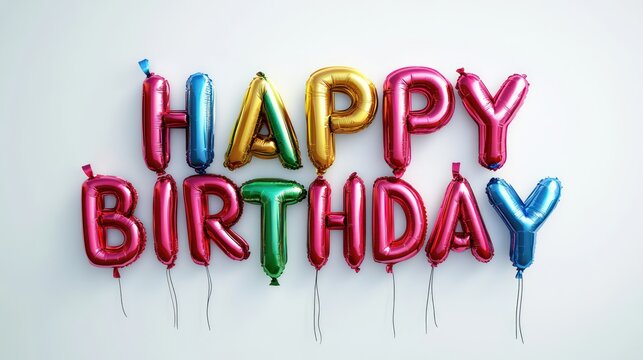 A photo of large white balloon letters spelling Happy birthday