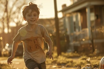 Joyful child playing outdoors in golden light.