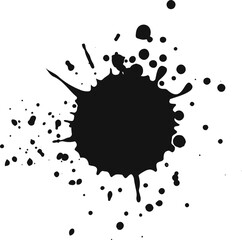 Poster - Black ink splatters against a white background, creating an abstract shape resembling a burst or explosion, with droplets and splashes radiating outward