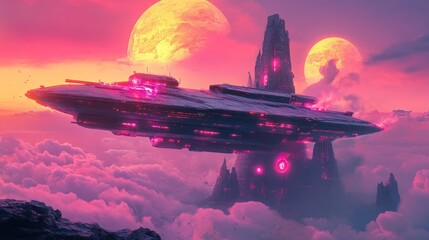 Wall Mural - A futuristic spaceship flying over a rocky planet with two glowing suns in the background.
