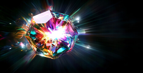 Aufkleber - Radiant gemstone emits colorful light bursts in dark surroundings, showcasing its multifaceted beauty