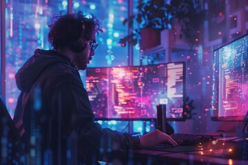 person coding with colorful digital display.