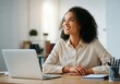 © Alper AI - A happy woman, distracted from her laptop work, thinking her success, looking away