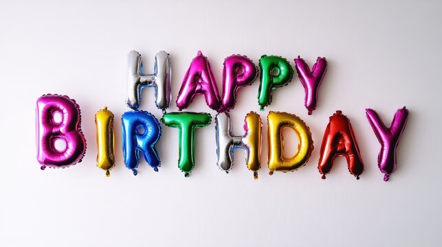 A photo of large white balloon letters spelling Happy birthday