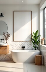 Poster - Modern bathroom interior design with blank horizontal poster frame mockup. Minimalist style with clean lines. Bathtub, vanity, plant featured. Light, shadow effects enhance scene. Ideal for interior