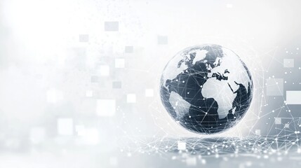 Poster - Global digital network illustration. Stylized globe with network lines represents global connectivity. Abstract square patterns suggest global communication, tech trends. Image useful for tech
