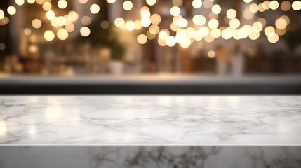 Poster - Empty white marble tabletop in front of blurry house kitchen background with bokeh lights. Ideal for product display design montage. Suitable for online media ads. Perfect for various foods, drinks