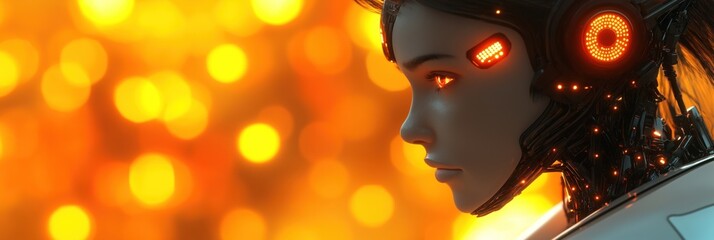 Aufkleber - ai robot profile view. nostalgic black and white style. futuristic tech design with glowing lights. 