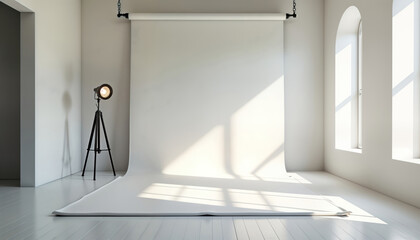 Poster - Empty bright room with white sheet on floor. Minimalist interior design. Tripod with studio lamp stands in corner. Sunlight streams in through arched windows. Simple, clean space. Suitable for