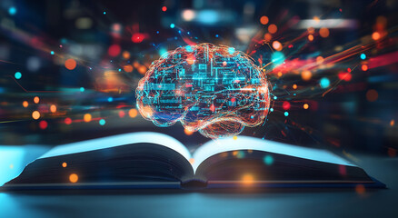 Poster - Creative depiction of a brain surrounded by digital elements above an open book in a high-tech environment