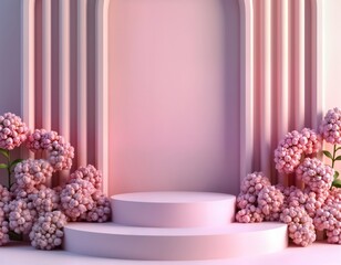 Poster - Pastel pink, purple 3D podium with soft round flowers. Floral arrangement around pedestal. Empty platform for product presentation. Modern, minimal, spring-like scene. Ideal for cosmetics, fashion,