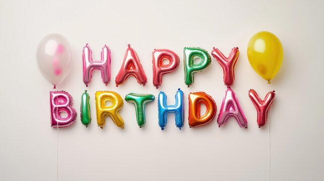 A photo of large white balloon letters spelling Happy birthday