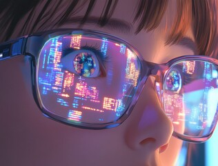 Poster - Close-Up of a Young Person's Face with Glasses Reflecting Digital Data and Technology Concepts, Showcasing the Intersection of Human Experience and Modern Innovation