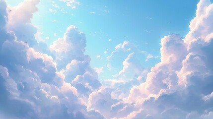 Poster - Beautiful anime sky. Fluffy clouds fill sky. Soft pastel colors create peaceful atmosphere. Light beams shine through clouds. Perfect for phone backgrounds wallpapers. Ideal for serene, peaceful