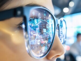Aufkleber - Close-Up View of a Person's Eye with Smart Glasses Reflecting Data and Digital Symbols, Showcasing the Intersection of Technology and Vision in Modern Life