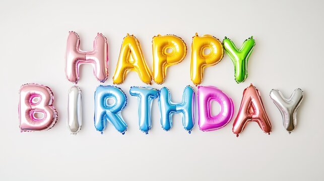 A photo of large white balloon letters spelling Happy birthday