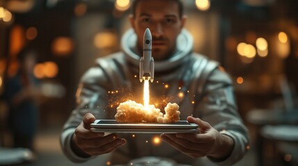 Aufkleber - Businessman in rocket suit holds empty tablet as small rocket launches from. Tech innovation concept. Futuristic scene. Space tech. Startup launch. Tablet central. Scene new tech ideas. Possible for