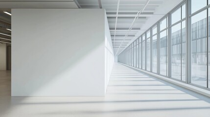 Poster - Empty modern office hallway. Bright natural light floods wide open space. Neutral tones, minimalist design. Large windows offer view of modern architecture. Hallway ready for new start new design