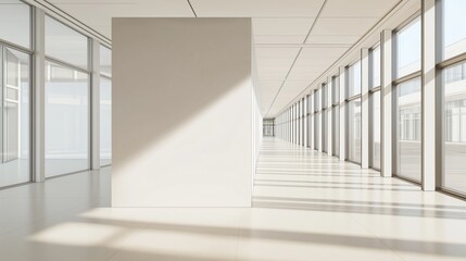 Leinwandbilder - Empty modern office hallway with bright natural light. Wide expanse of white walls, floors. Long rows of large windows. Light neutral tones create serene atmosphere. Sunlight casts shadows on floor.