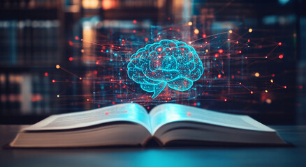Poster - Digital brain concept emerging from open book in a library setting