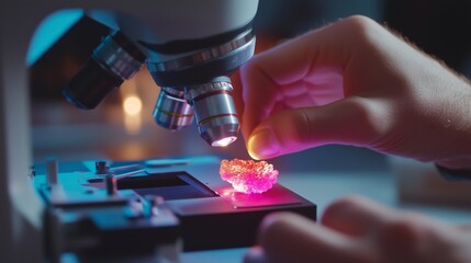Poster - exploration of colorful mineral specimen under a powerful microscope in a laboratory setting