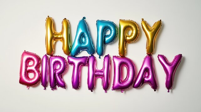 A photo of large white balloon letters spelling Happy birthday