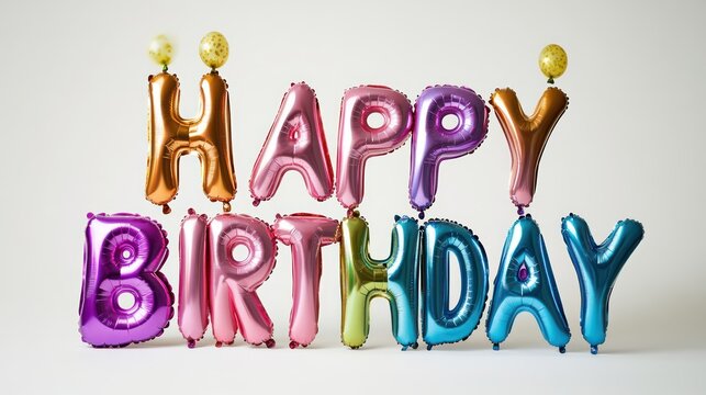 A photo of large white balloon letters spelling Happy birthday