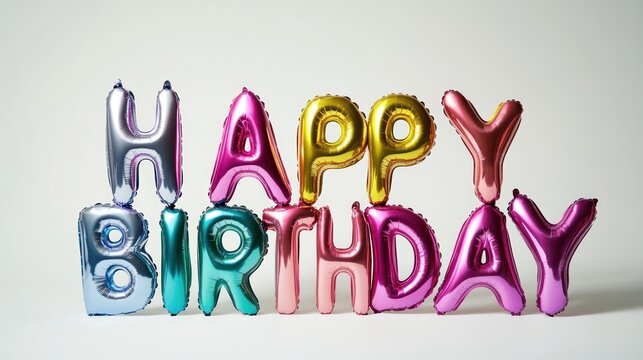 A photo of large white balloon letters spelling Happy birthday